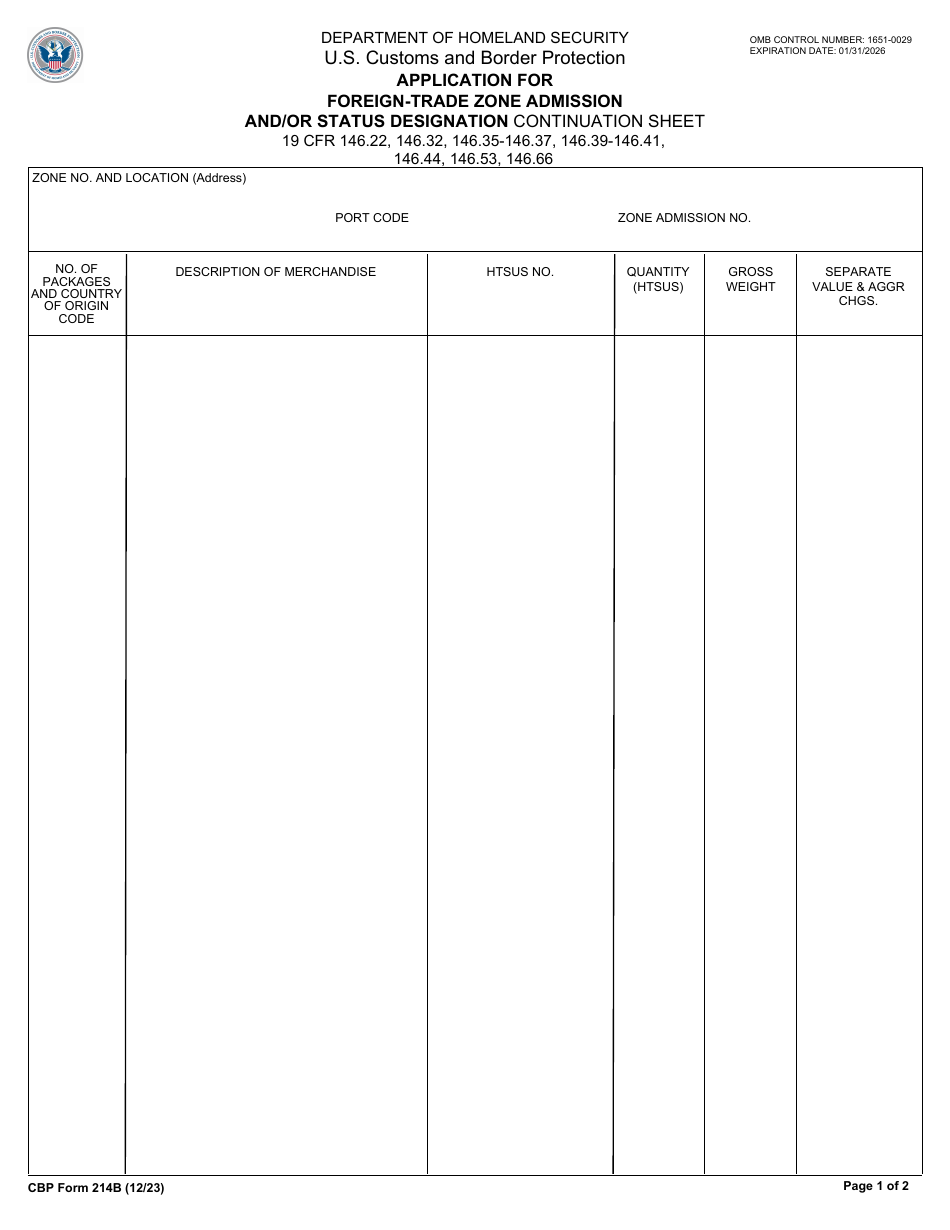 CBP Form 214B Application for Foreign-Trade Zone Admission and / or Status Designation Continuation Sheet, Page 1