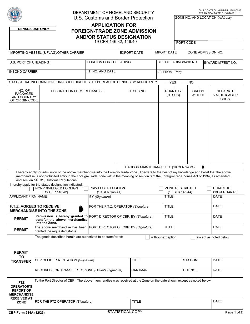 CBP Form 214A Download Fillable PDF or Fill Online Application for ...