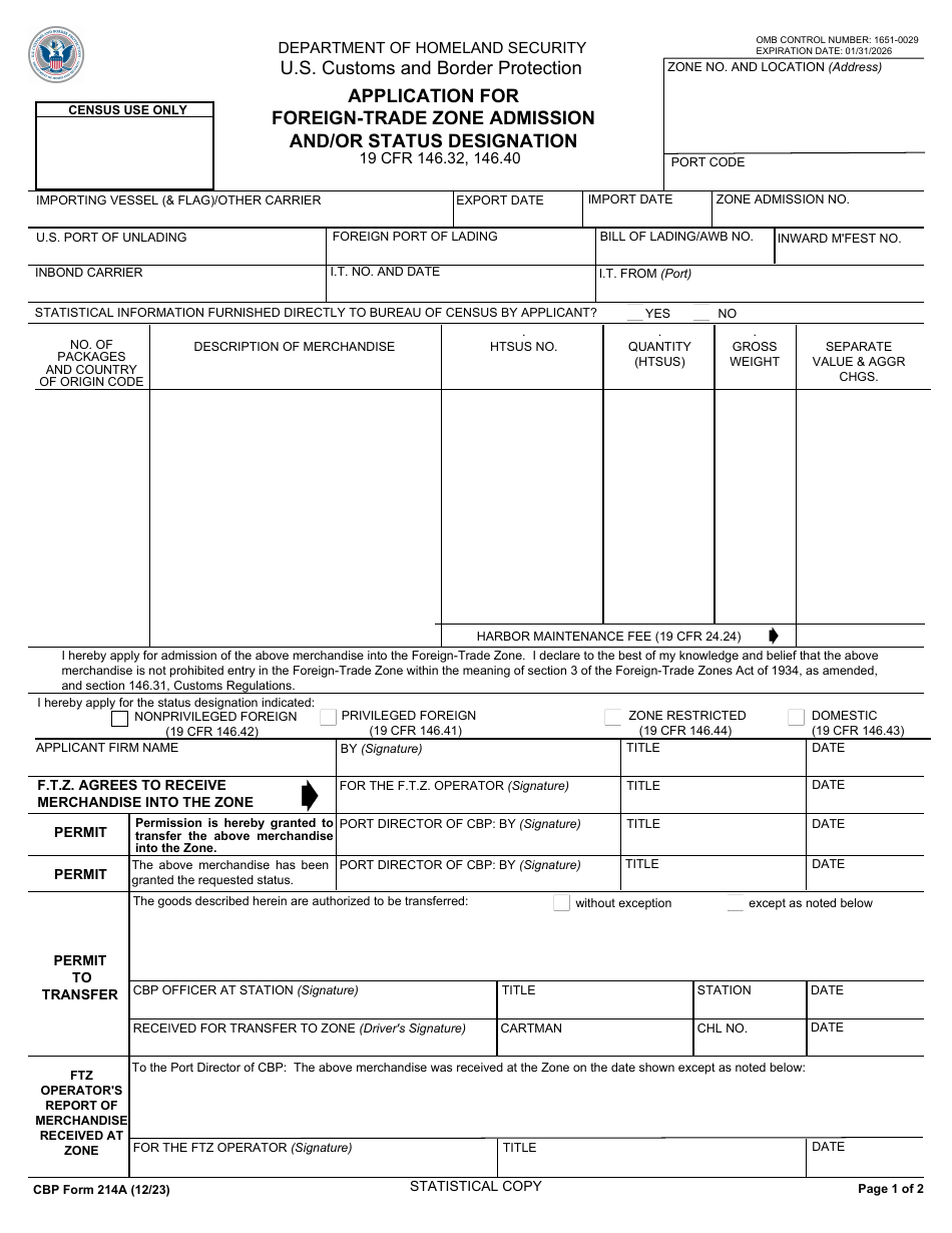 CBP Form 214A Application for Foreign-Trade Zone Admission and / or Status Designation, Page 1