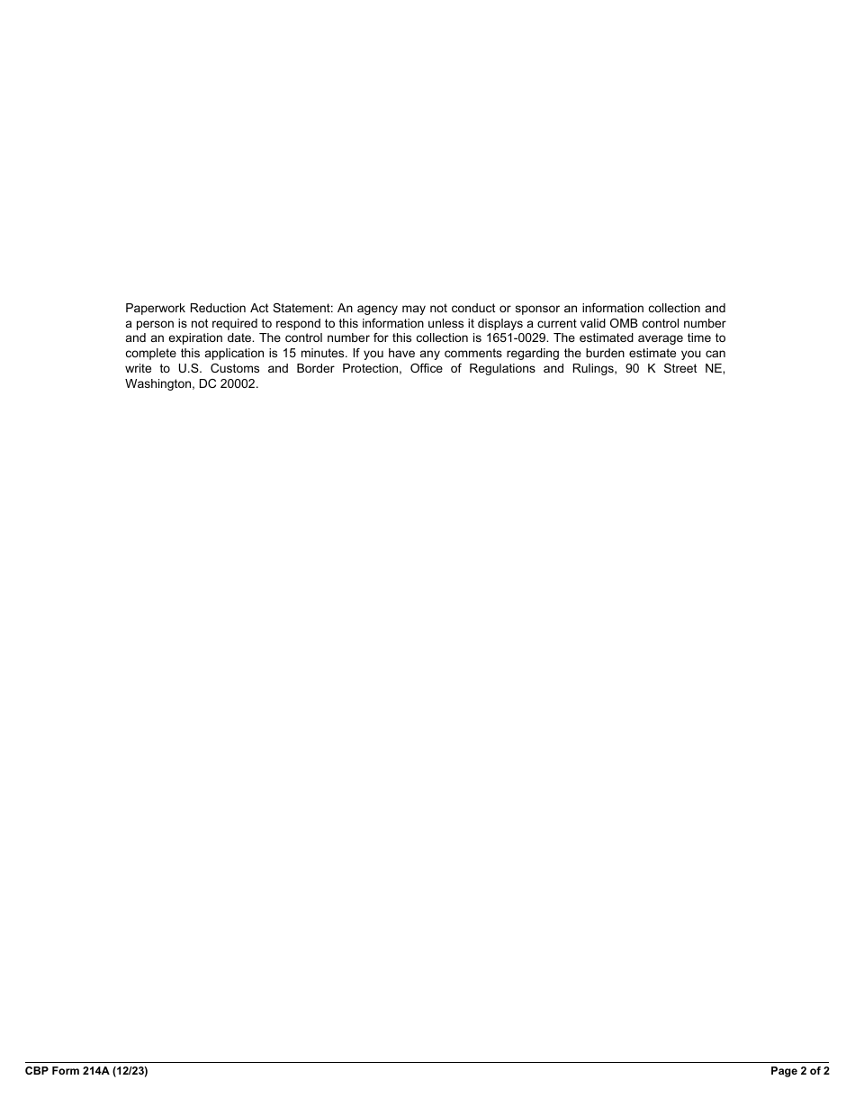 CBP Form 214A Application for Foreign-Trade Zone Admission and / or Status Designation, Page 2