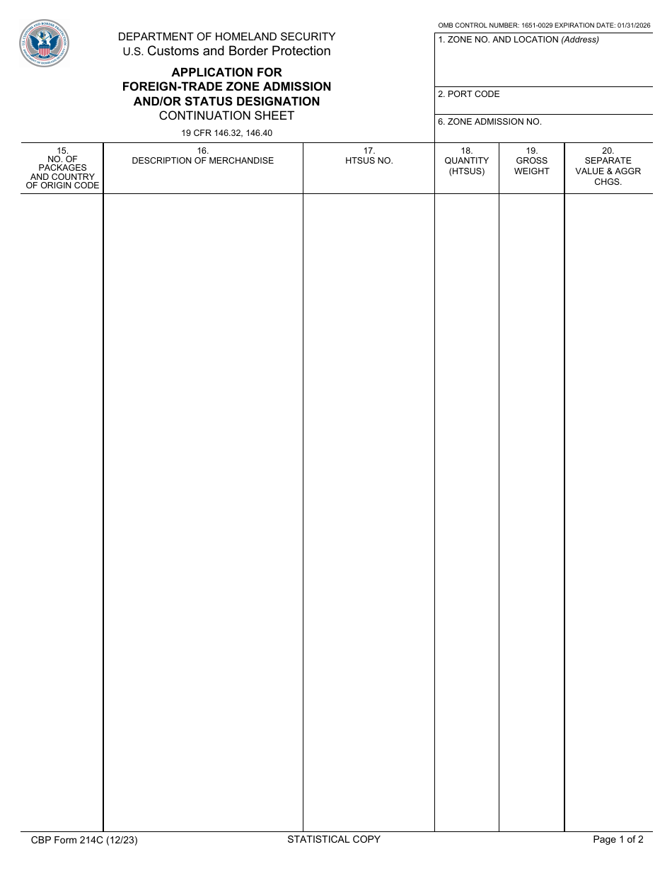 CBP Form 214C Application for Foreign-Trade Zone Admission and / or Status Designation Continuation Sheet, Page 1