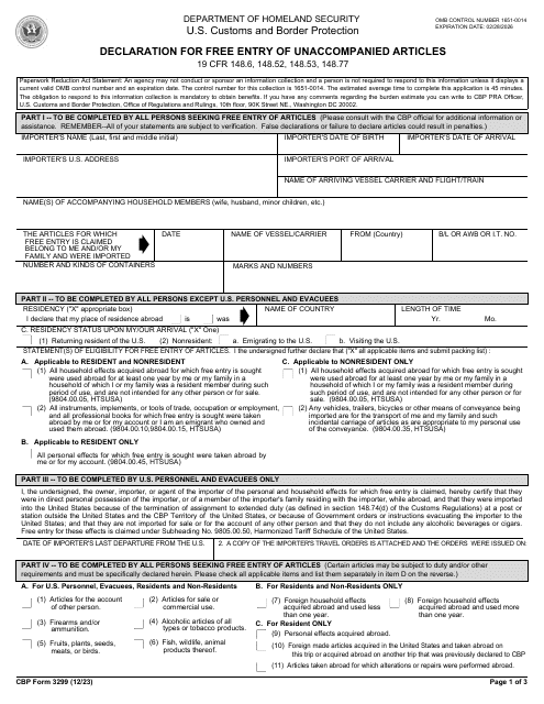 CBP Form 3299 Declaration for Free Entry of Unaccompanied Articles