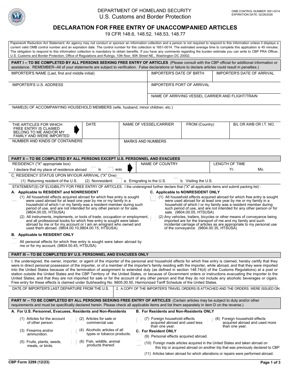 CBP Form 3299 Declaration for Free Entry of Unaccompanied Articles, Page 1