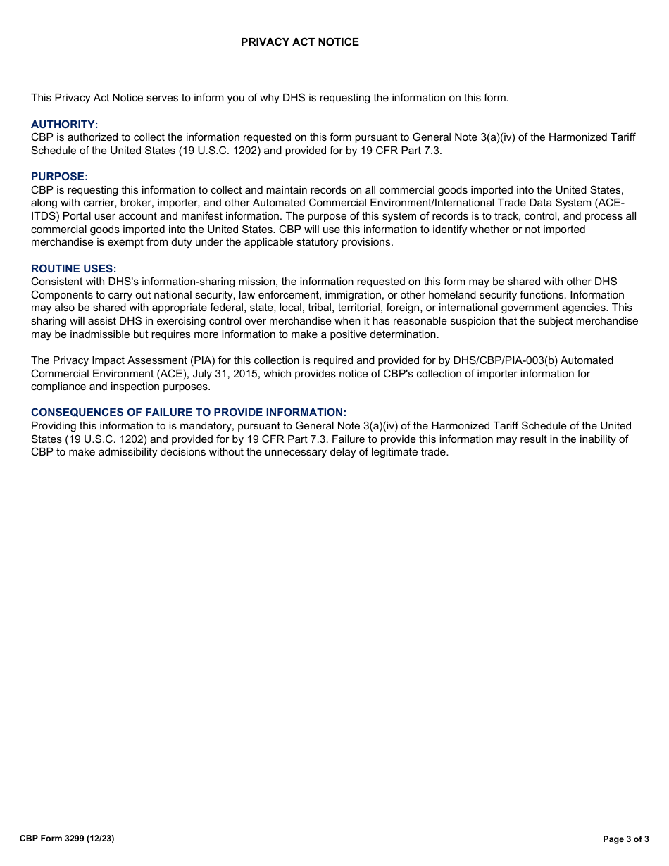 CBP Form 3299 Declaration for Free Entry of Unaccompanied Articles, Page 3