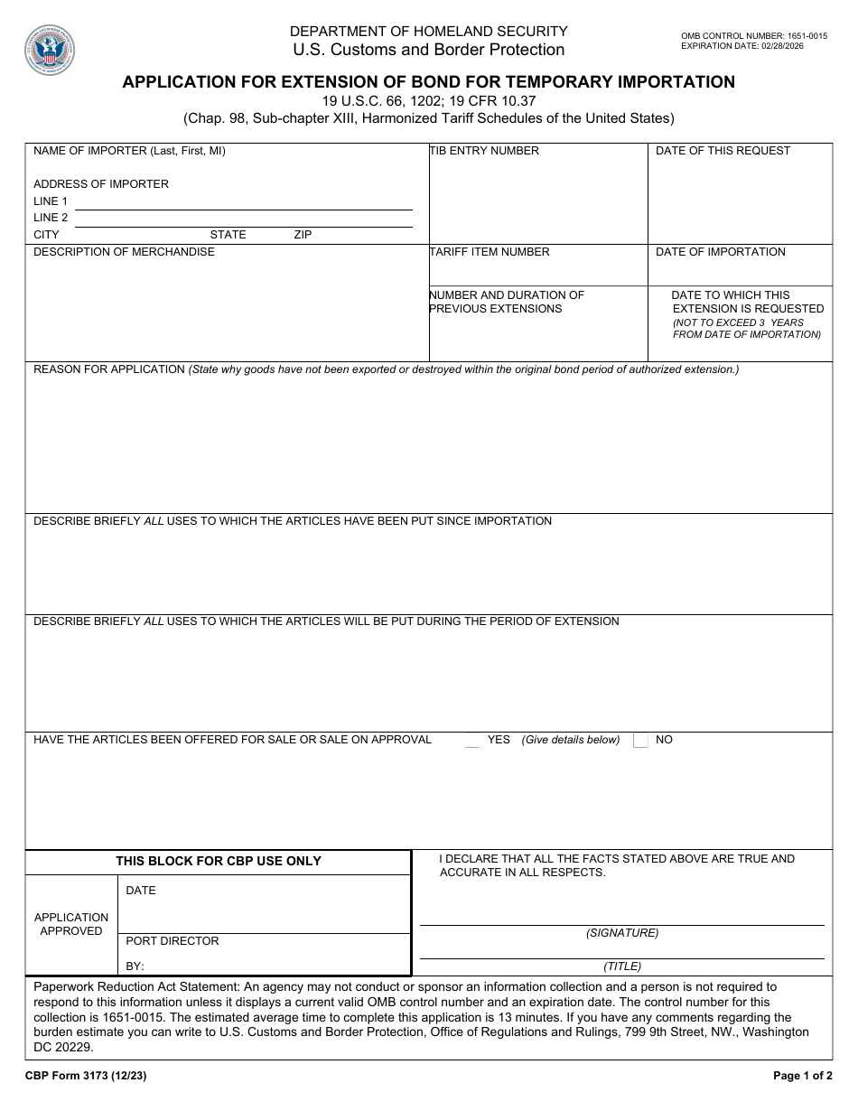 CBP Form 3173 Application for Extension of Bond for Temporary Importation, Page 1