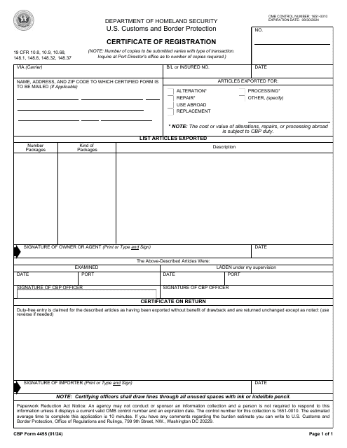 CBP Form 4455 Certificate of Registration