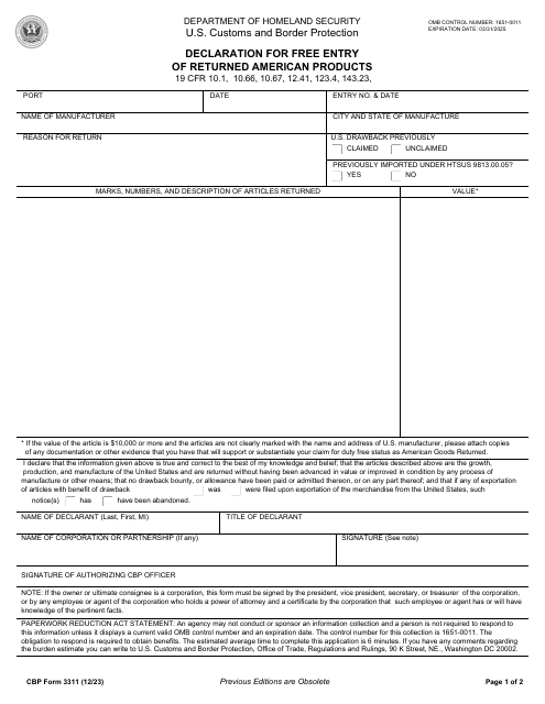 CBP Form 3311 Declaration for Free Entry of Returned American Products