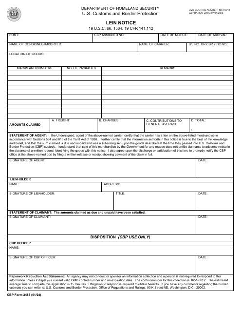 CBP Form 3485 Lein Notice
