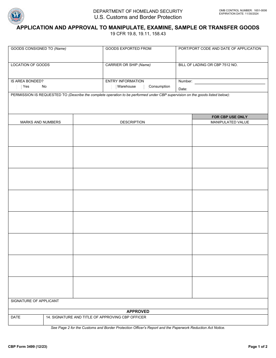 CBP Form 3499 Application and Approval to Manipulate, Sample or Transfer Goods, Page 1