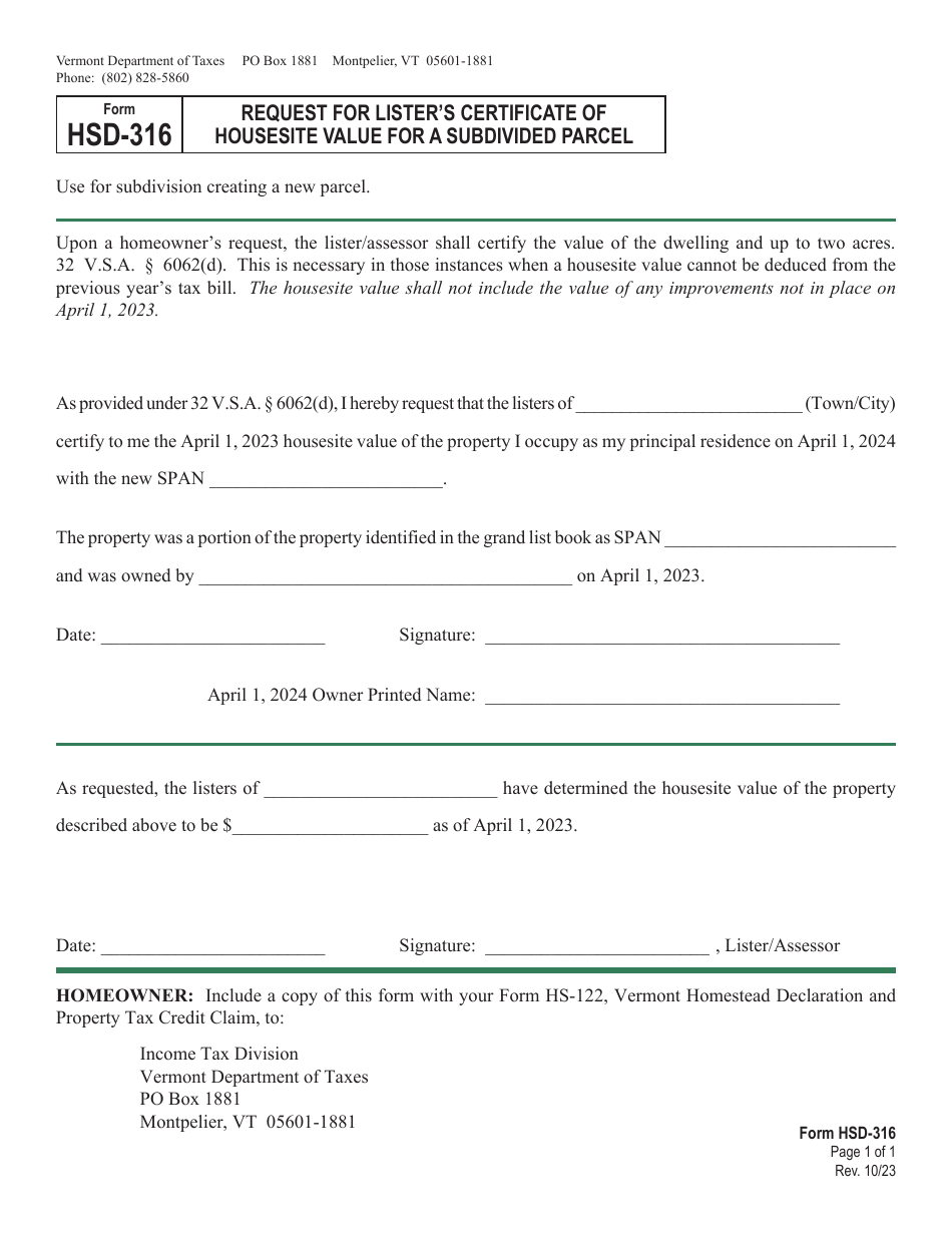 Form HSD-316 Request for Listers Certificate of Housesite Value for a Subdivided Parcel - Vermont, Page 1