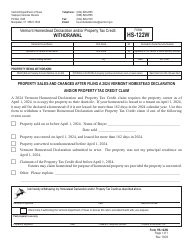Document preview: Form HS-122W Vermont Homestead Declaration and/or Property Tax Credit Withdrawal - Vermont, 2024