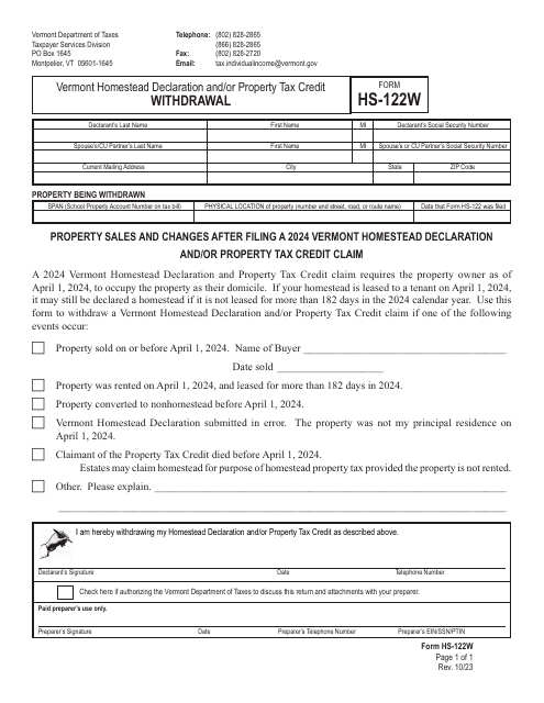 Form HS-122W 2024 Printable Pdf