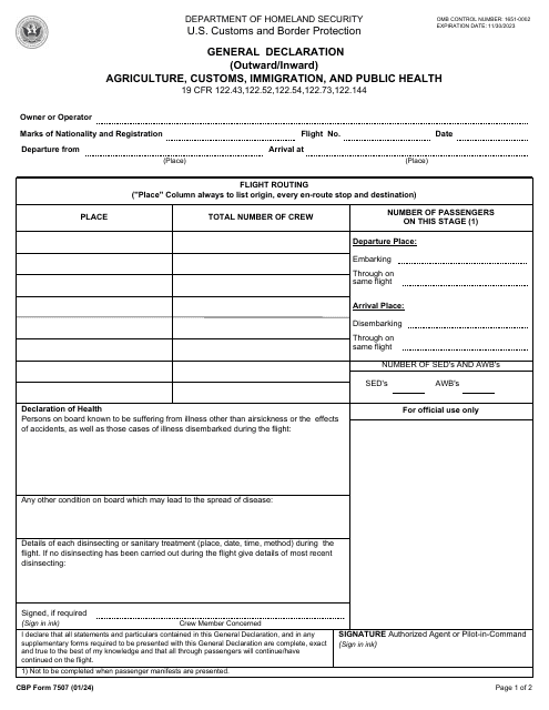 CBP Form 7507 General Declaration (Outward/Inward) - Agriculture, Customs, Immigration, and Public Health