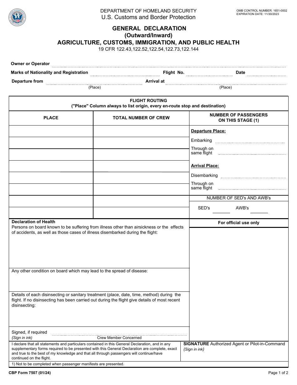 CBP Form 7507 General Declaration (Outward / Inward) - Agriculture, Customs, Immigration, and Public Health, Page 1