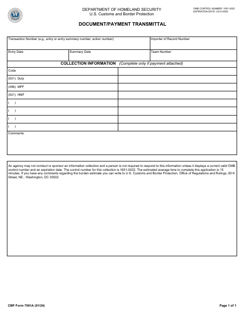 CBP Form 7501A Document/Payment Transmittal