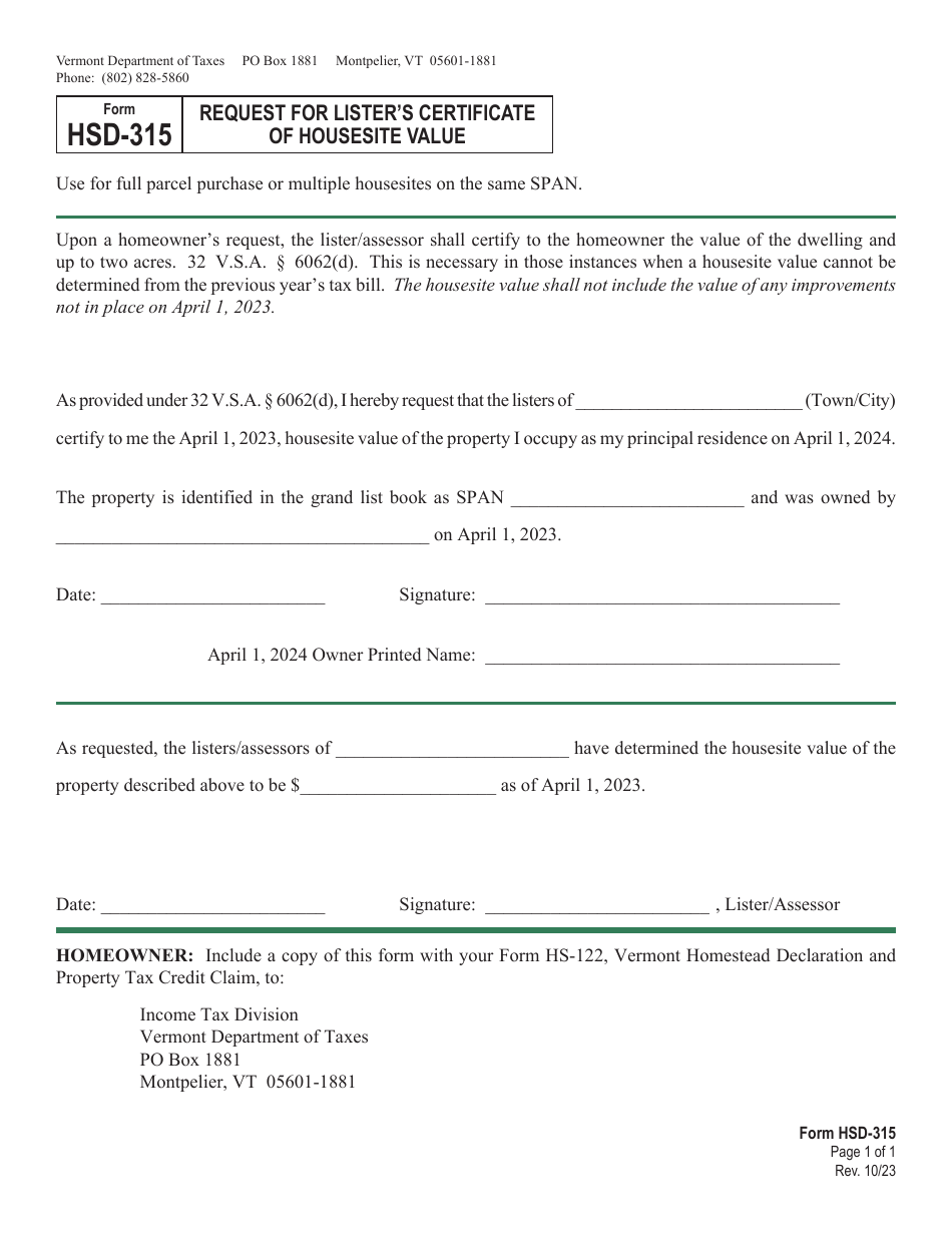 Form HSD-315 Request for Listers Certificate of Housesite Value - Vermont, Page 1