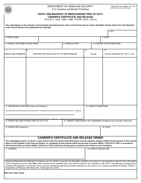 CBP Form 7523 Entry and Manifest of Merchandise Free of Duty, Carrier's Certificate and Release