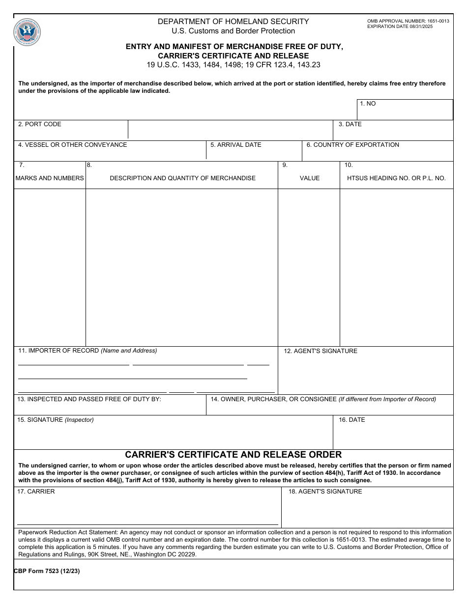 CBP Form 7523 Entry and Manifest of Merchandise Free of Duty, Carriers Certificate and Release, Page 1