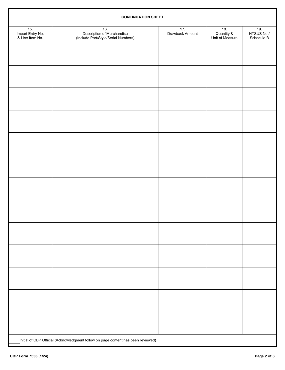 CBP Form 7553 Notice of Intent to Export, Destroy or Return Merchandise for Purposes of Drawback, Page 2