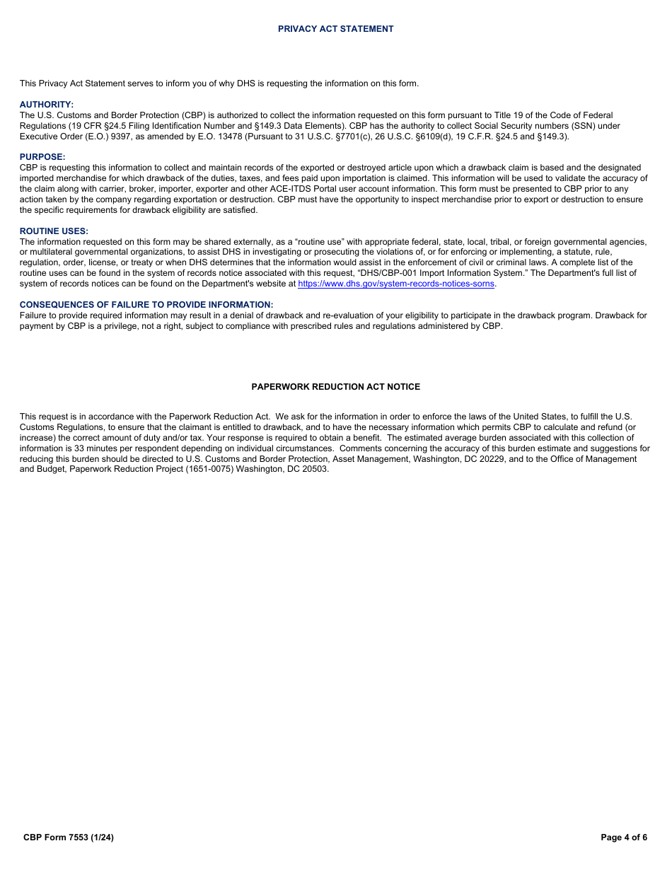 CBP Form 7553 Notice of Intent to Export, Destroy or Return Merchandise for Purposes of Drawback, Page 4