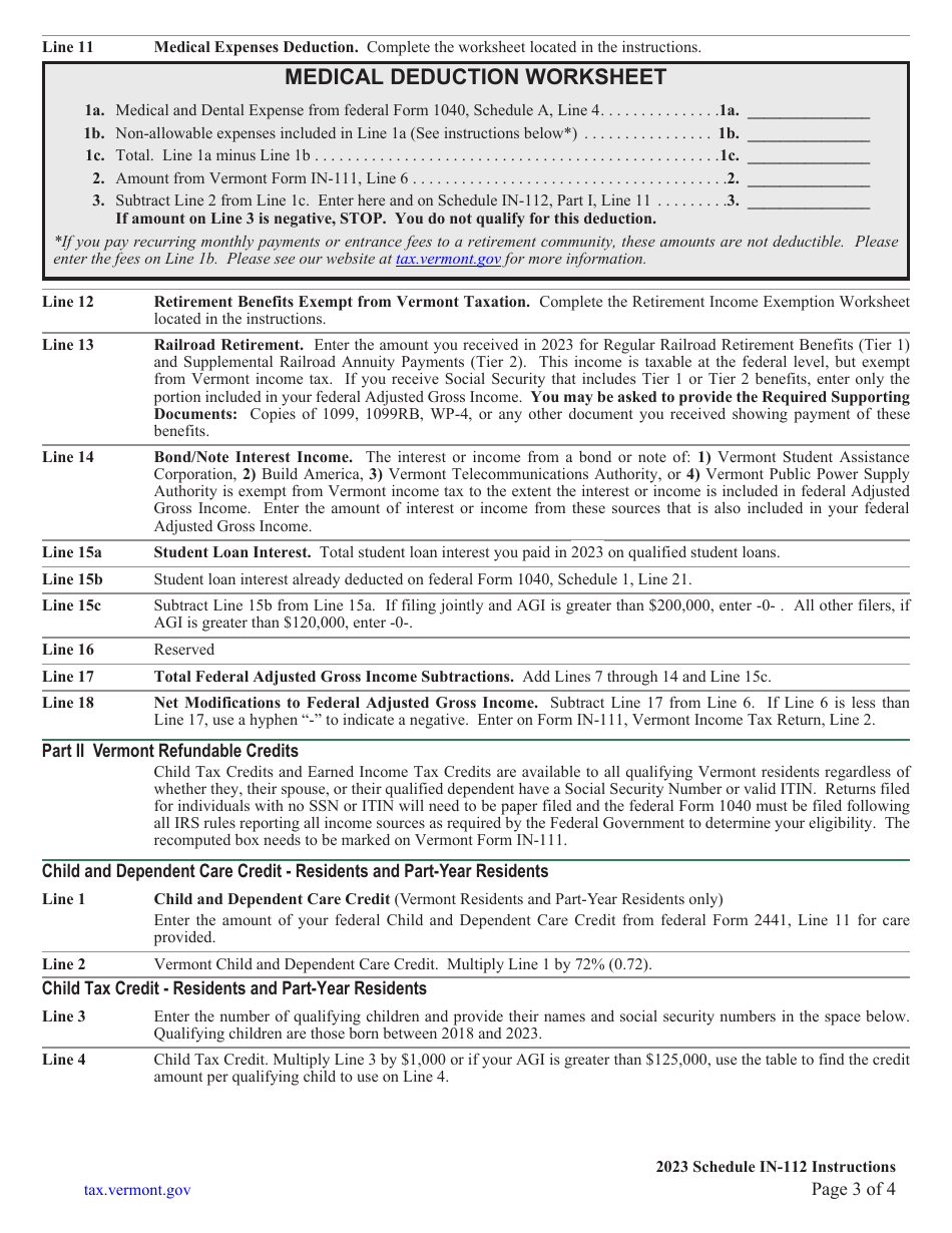 Instructions for Schedule IN-112 Vermont Tax Adjustments and Credits - Vermont, Page 3