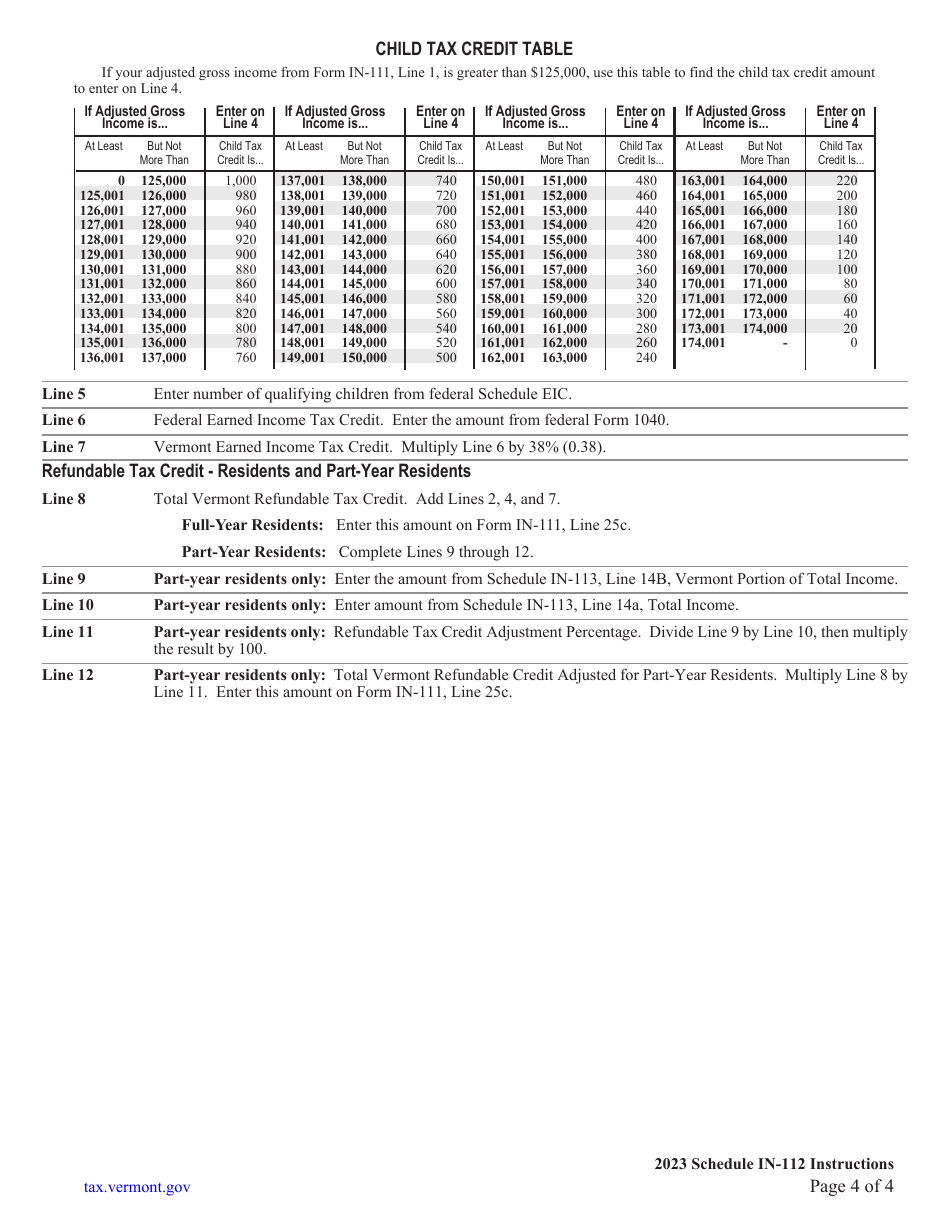 Instructions for Schedule IN-112 Vermont Tax Adjustments and Credits - Vermont, Page 4