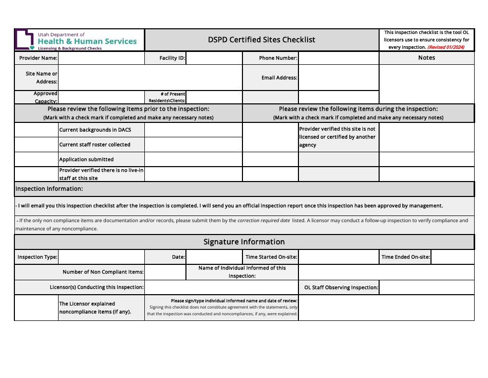 Dspd Certified Sites Checklist - Utah, Page 1