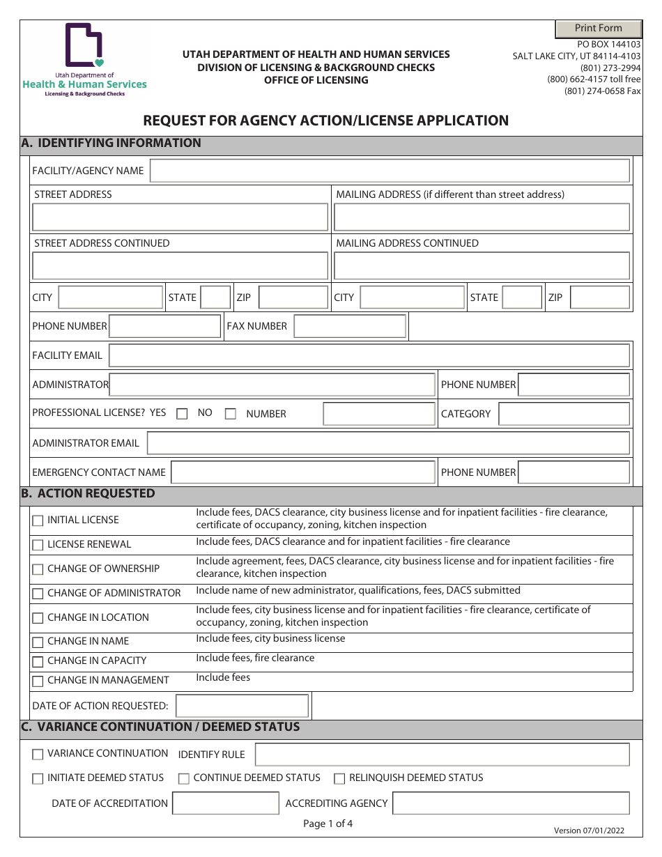 Request for Agency Action / License Application - Utah, Page 1