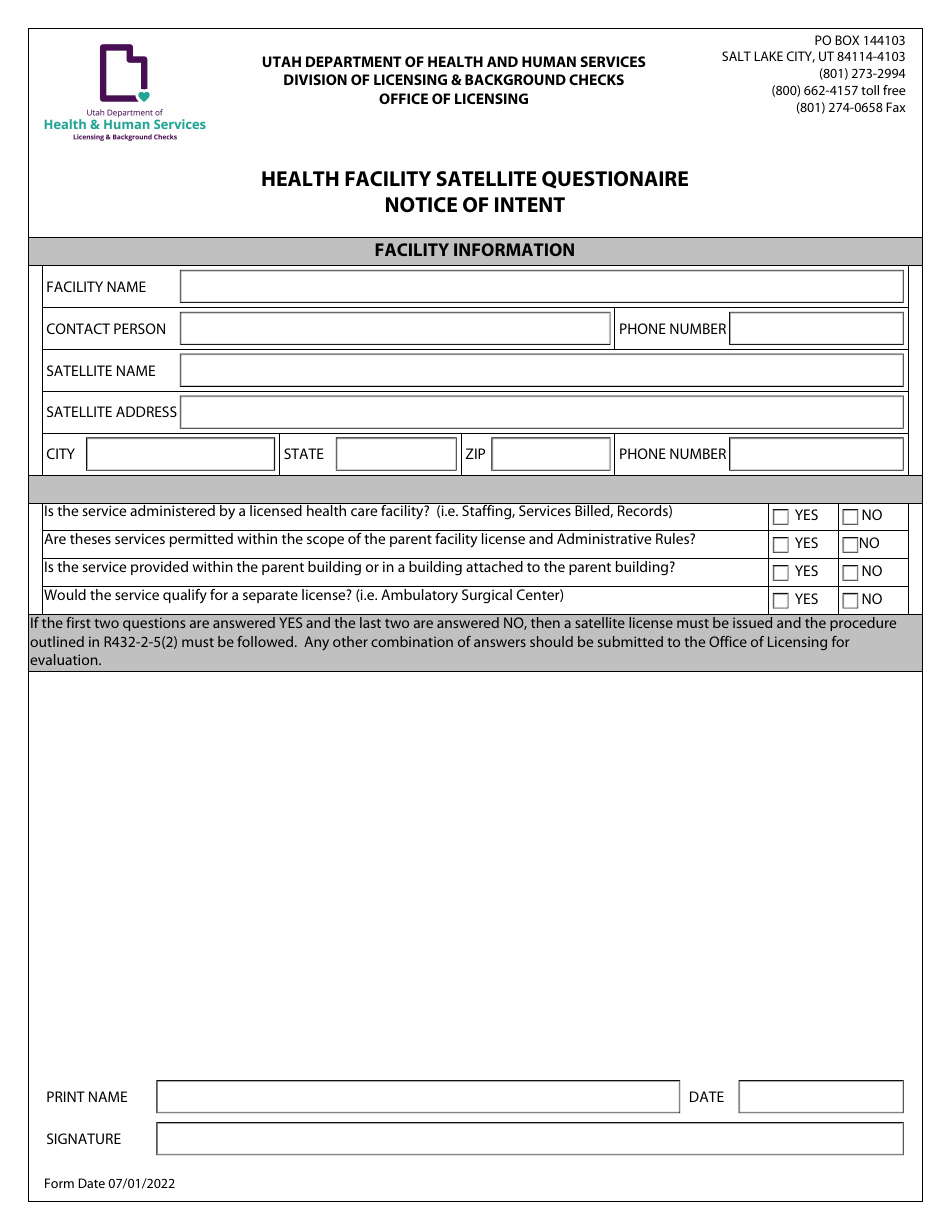 Health Facility Satellite Questionaire Notice of Intent - Utah, Page 1