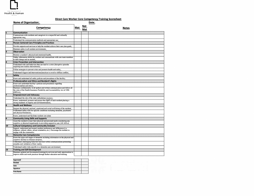 Direct Care Worker Core Comeetency Training Scoresheet - Utah
