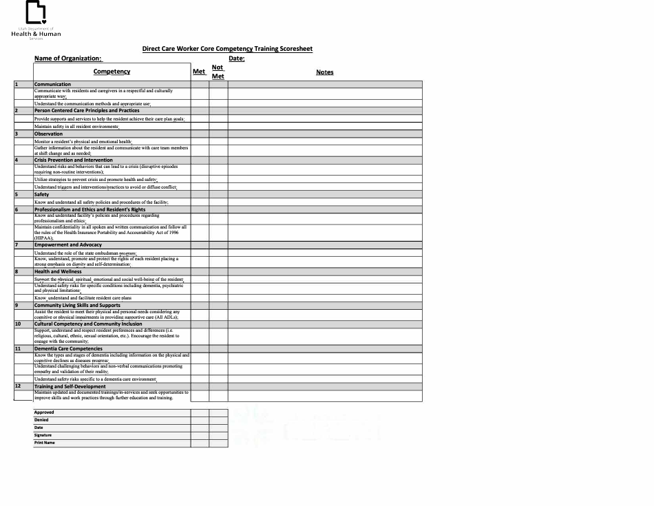 Direct Care Worker Core Comeetency Training Scoresheet - Utah, Page 1