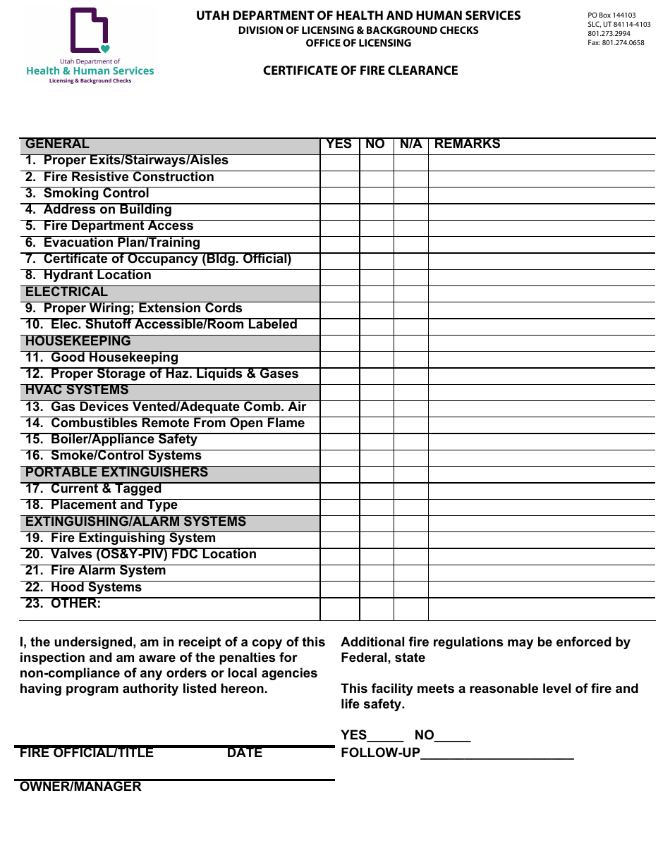 Utah Certificate of Fire Clearance - Fill Out, Sign Online and Download ...