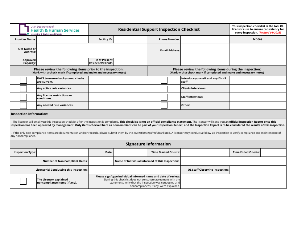 Residential Support Inspection Checklist - Utah, Page 1