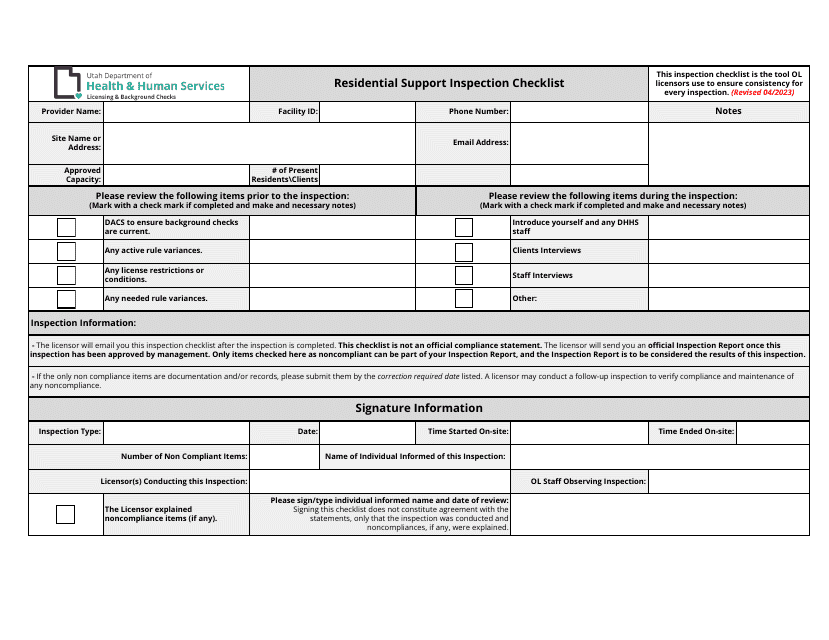 Residential Support Inspection Checklist - Utah