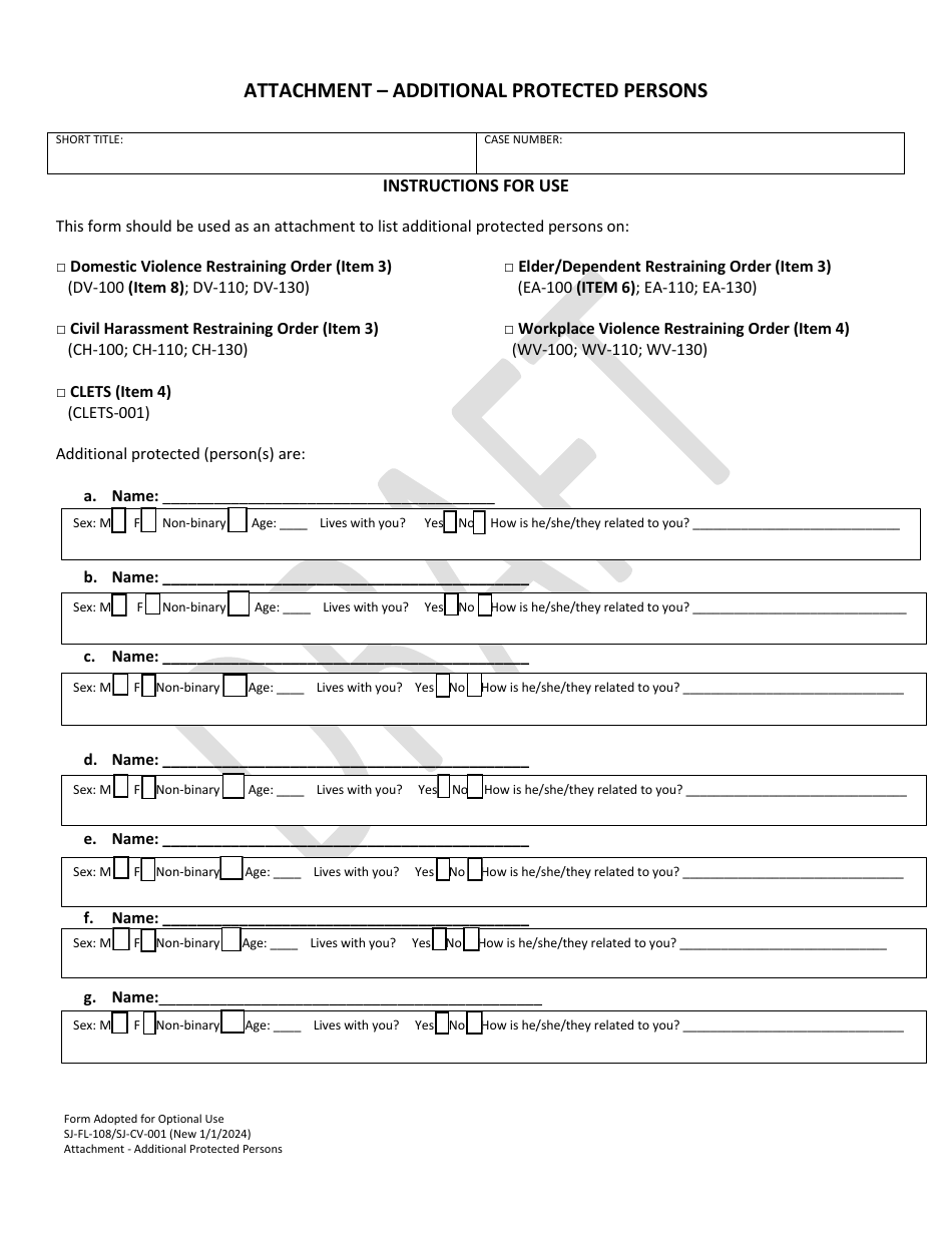 Form SJ-FL-108 (SJ-CV-001) Attachment - Additional Protected Persons - Draft - County of San Joaquin, California, Page 1