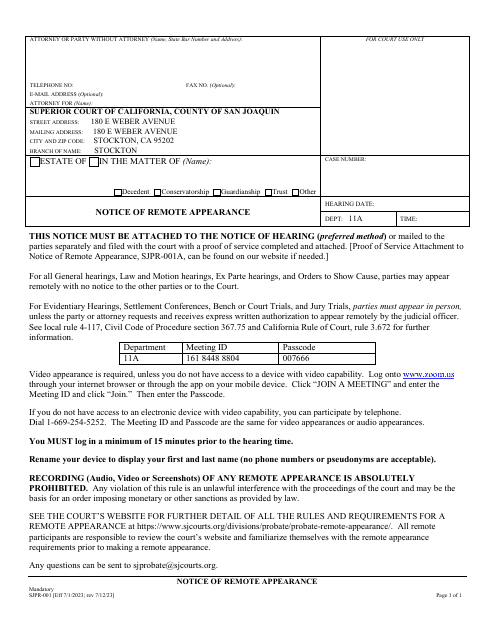 Form SJPR-001 Notice of Remote Appearance - County of San Joaquin, California