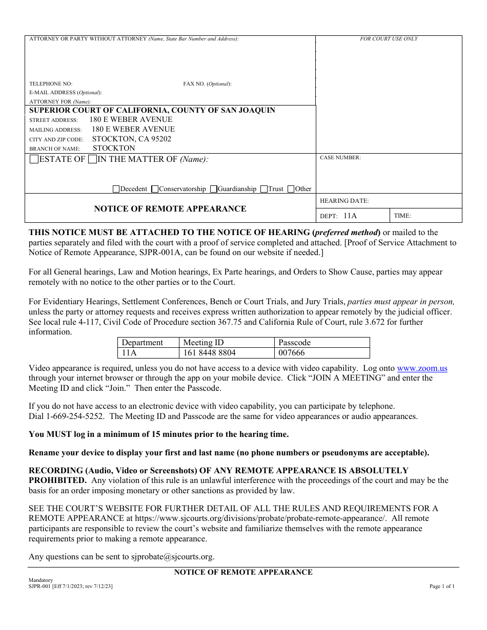 Form SJPR-001 Notice of Remote Appearance - County of San Joaquin, California, Page 1