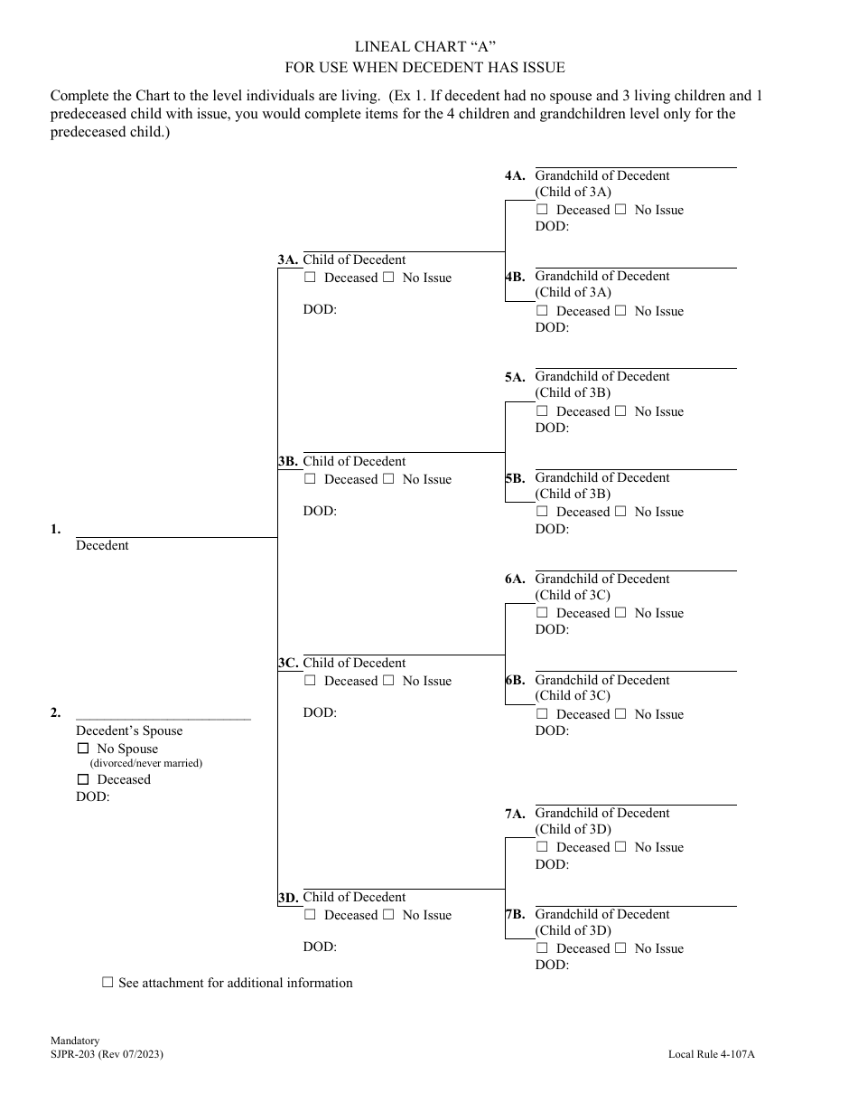 Form SJPR-203 Lineal Chart a - Decedent Has Issue - County of San Joaquin, California, Page 1