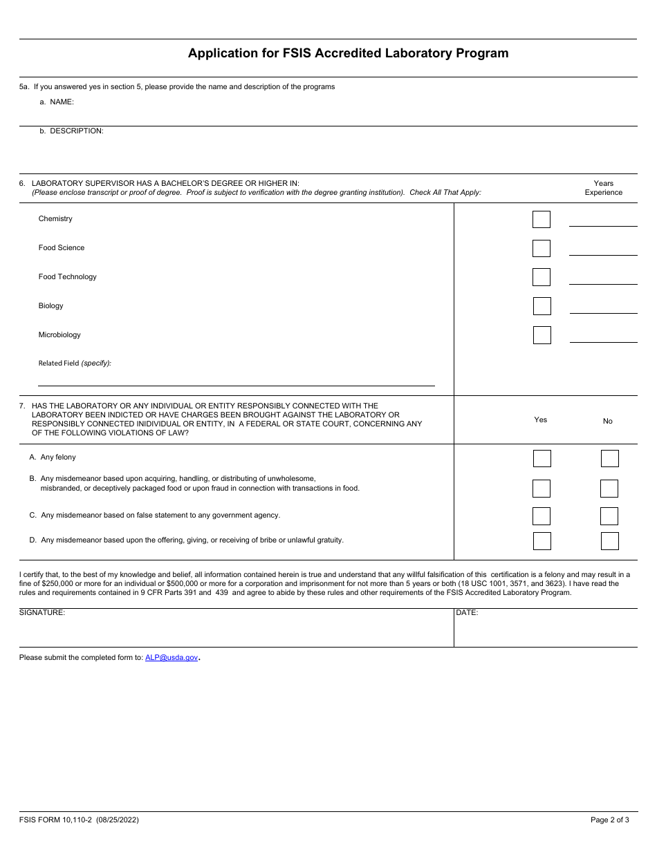 FSIS Form 10,110-2 Application for FSIS Accredited Laboratory Program, Page 2