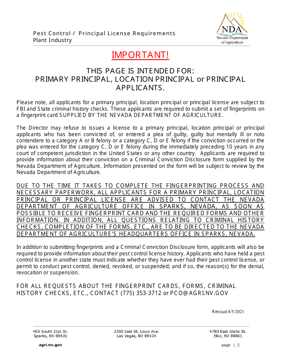 Application for Principal Pest Control License Examination - Nevada, Page 2