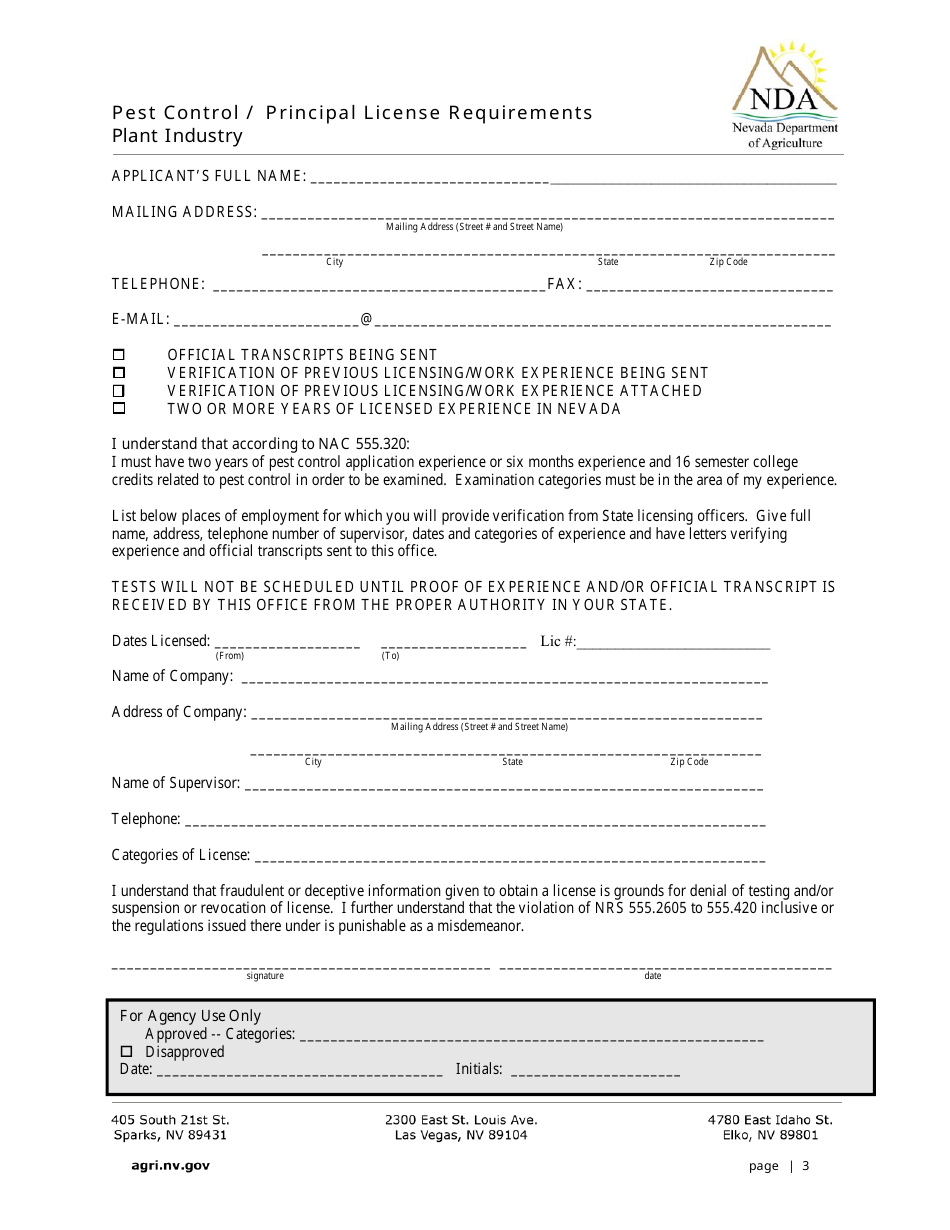 Application for Principal Pest Control License Examination - Nevada, Page 3