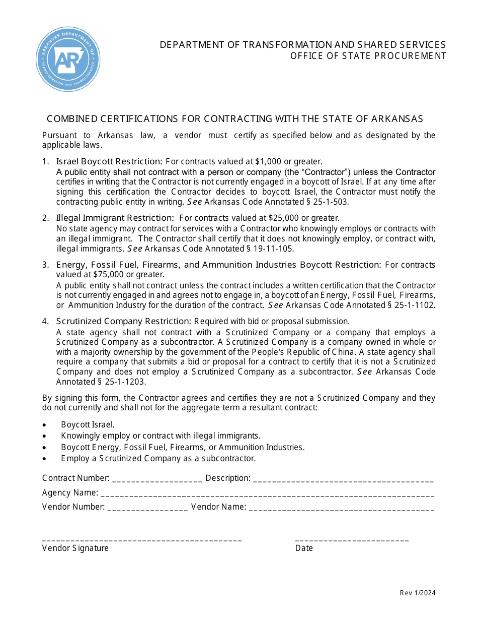 Combined Certifications for Contracting With the State of Arkansas - Arkansas, Page 1