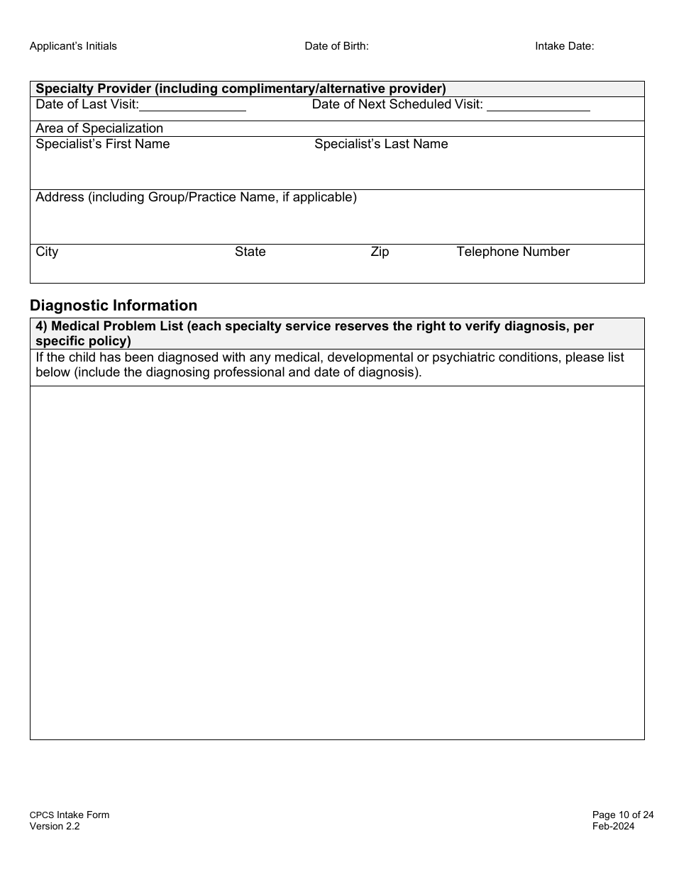 Childrens Personal Care Services Intake Form - Vermont, Page 10