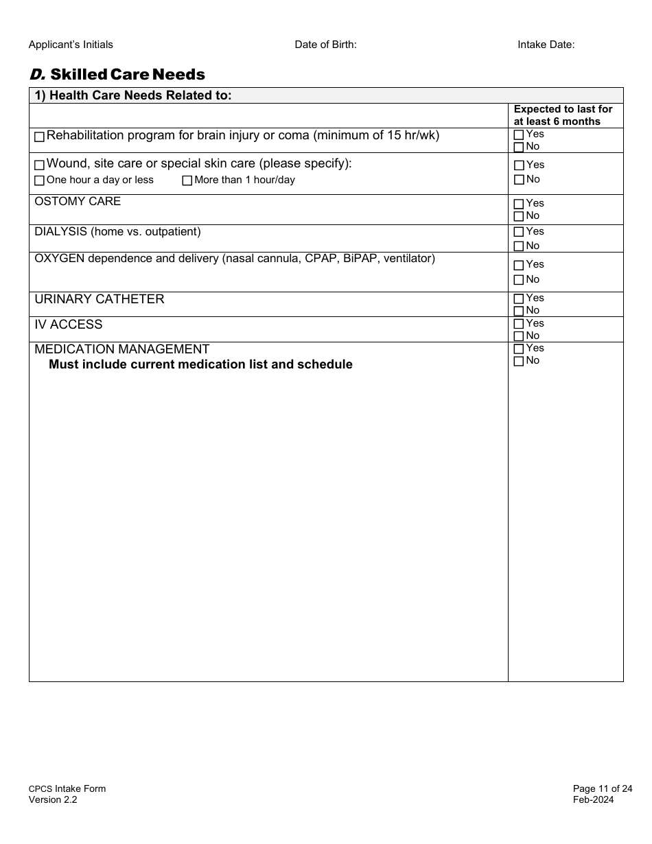 Childrens Personal Care Services Intake Form - Vermont, Page 11
