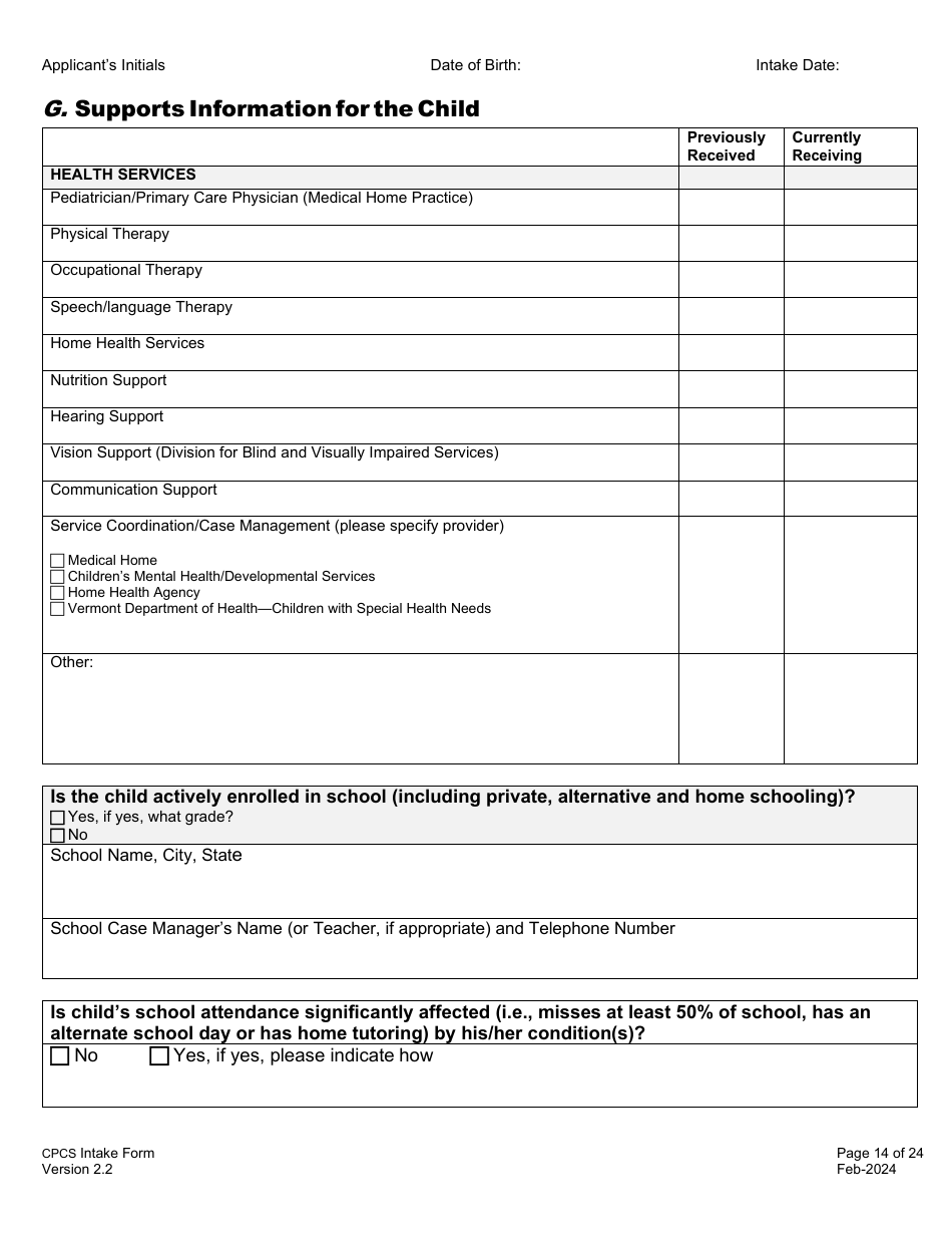 Childrens Personal Care Services Intake Form - Vermont, Page 14
