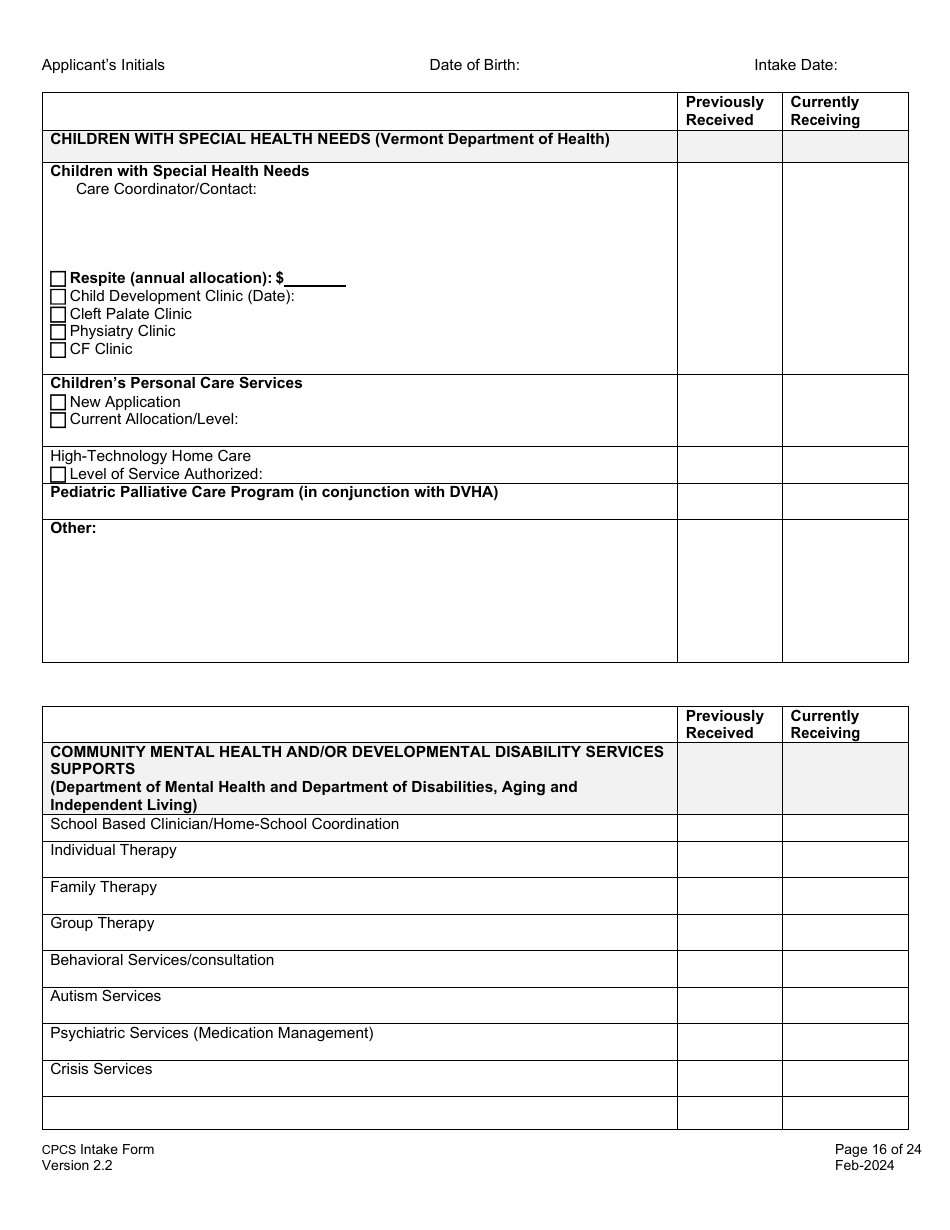 Childrens Personal Care Services Intake Form - Vermont, Page 16
