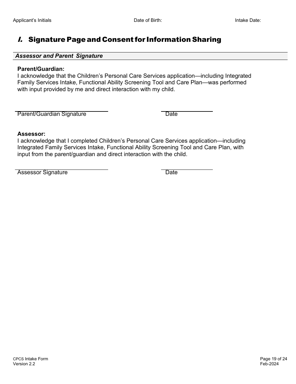 Childrens Personal Care Services Intake Form - Vermont, Page 19