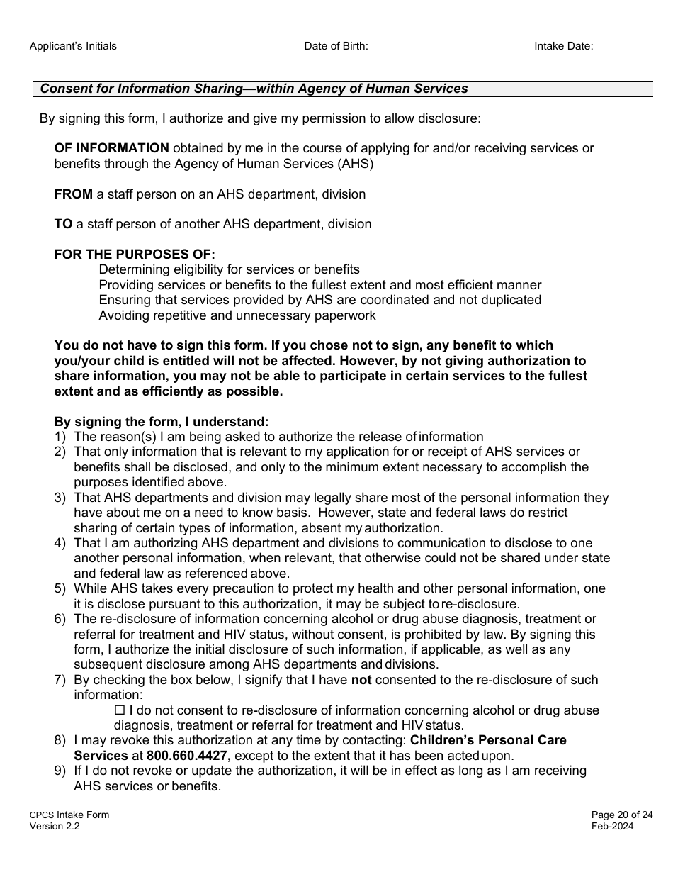 Childrens Personal Care Services Intake Form - Vermont, Page 20