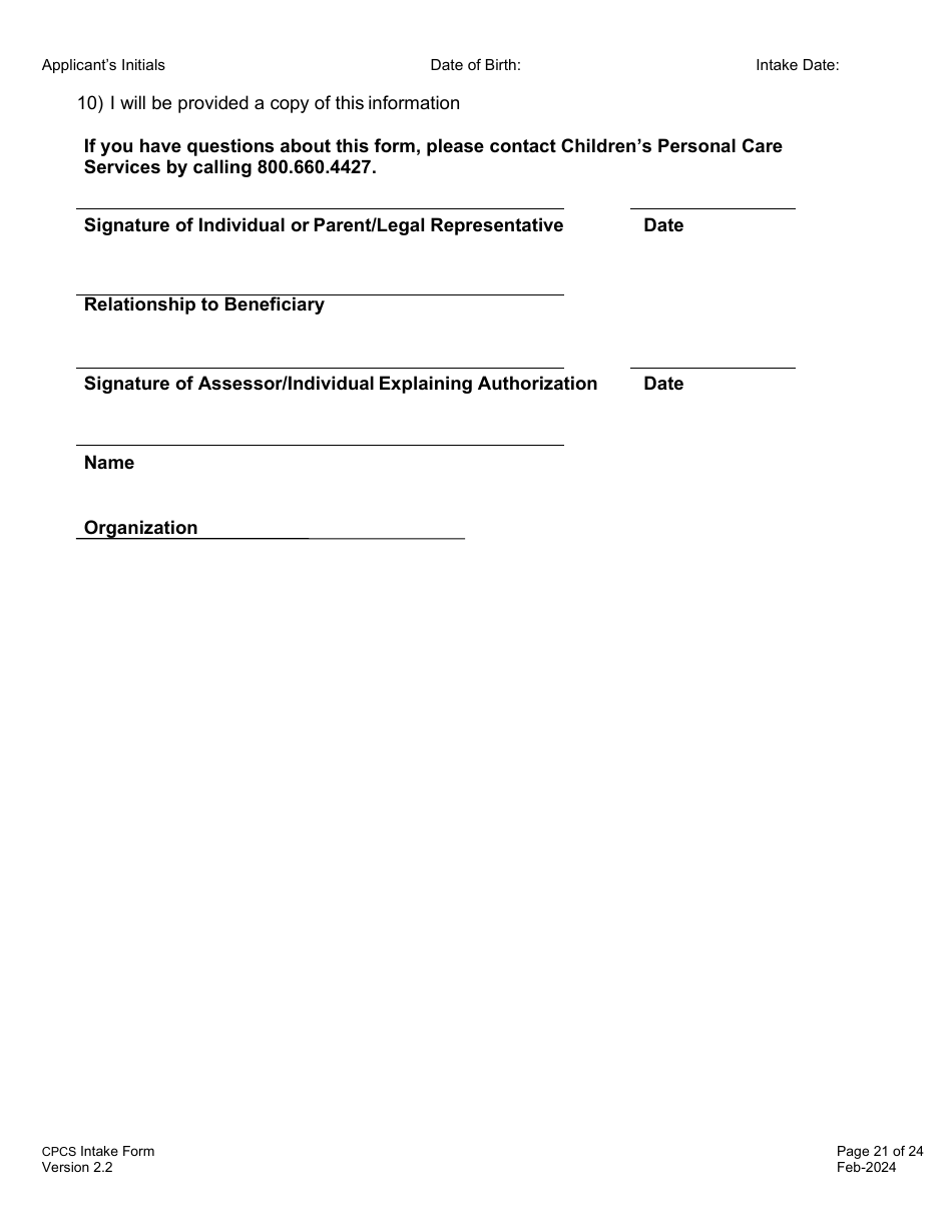 Childrens Personal Care Services Intake Form - Vermont, Page 21