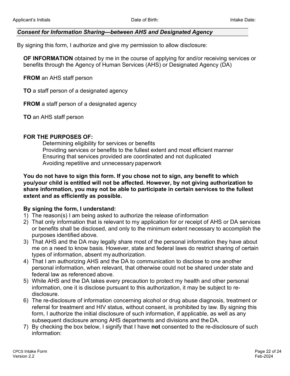 Childrens Personal Care Services Intake Form - Vermont, Page 22
